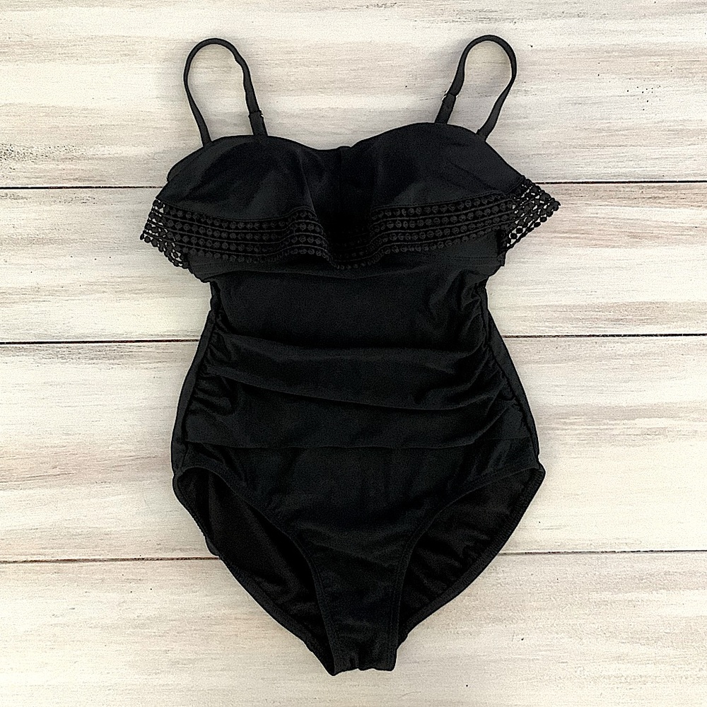 Kona Sol Women’s Black Ruffle Tummy Control Swimsuit Small
